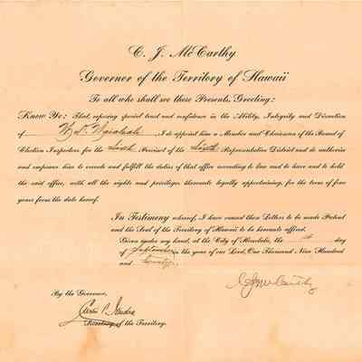 C J (Charles James) McCarthy, Governor of the Territory of Hawaii