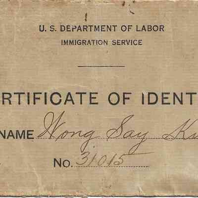 Author's Personal Collection: Paper clip stained. Certificate of Identity Envelope Name: Wong Say Kun No. 31015