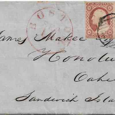 Author's Personal Collection: 3c Dull Red, Ty. II (11A). Horizontal pair, large margins to in, tied by Circular cancellation grid, red "Boston Sep ?" circular datestamp on blue folded letter datelined "Boston Sep ?" to Honolulu, Hawaii, addressed to James Makee, stamps pay the 6c rate to the west coast.