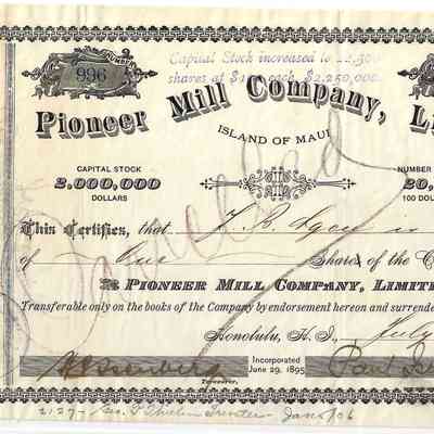 Pioneer Mill Company Stock Certificate