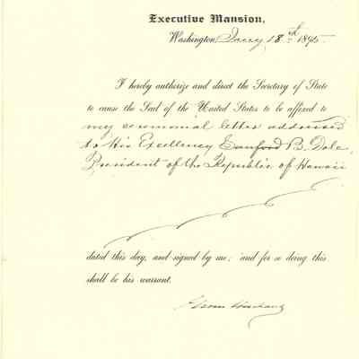 Author's Personal Collection: President Grover Cleveland Signed Directive Jan 18, 1895