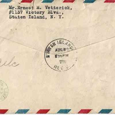 Author's Personal Collection: Cover back showing Postmarked Aug 29, 1929 Lakehurst, N.J. to Staten Island N.Y.