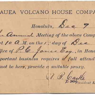 Author's Personal Collection: Meeting Announcement of the Kilauea Volcano House Company to be held at 10 a.m. on the 17th day of Dec, 1894