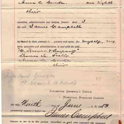 Author's Personal Collection: Note that only 1/2 of the Bark "Hermann" was sold.
James Campbell signature on June 9th, 1883.
