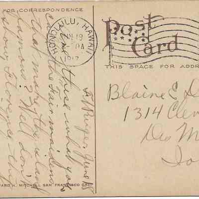 Author's Personal Collection: Postcard postmarked Honolulu dated Jun 19, 1917