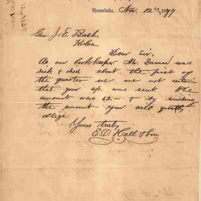 Author's Personal Collection: Collection Letter sent from Edwin O Hall to John E Bush dated Nov 12, 1879