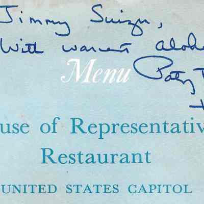 Author's Personal Collection: Menu signed personally by Congresswoman Patsy T. Mink to Author's Father in Law, while in Washington, D.C.