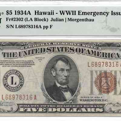 Author's Personal Collection: $5 1934A Hawaii  - WWII Emergency Issue. Of the series, the $5 note is considered the most desirable, as a little over 9 million examples were printed.
Denomination $5	Quantity printed - 9,416,000.