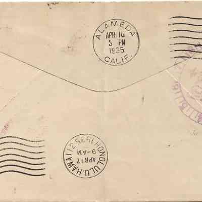 Author's Personal Collection: Note Honolulu Postmark date of April 17th.
The first survey flight from Alameda to Honolulu, landing at 10:21 am Pacific Standard Time on April 17, 1935, took 18 hours, 21 minutes, breaking a record held jointly by six Navy aircraft; the aircraft, named Pan American Clipper, carried a consignment of 10,000 letters, the first shipment of airmail to Hawaii.