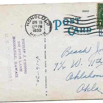 Author's Personal Collection: Postmark cancellation date April 18, 1930 Honolulu, Hawaii
