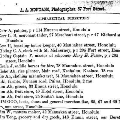 For reference only: Kim Goo Listing Polk 1890 Kingdom of Hawaii Directory page 86