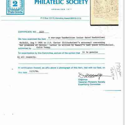 Author's Personal Collection: Hawaiian Philatelic Society Certification of document - It is genuine in all respects. Dated 11-1-2004.