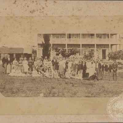 For reference only: Title
Old School Hall Exterior with Faculty and Students 1873
Date
January 1873 - December 1873
Creator Name
Unknown
Creator Department/Role
Unknown
Location By Area
Punahou Campus
Punahou Location
Old School Hall
Topic
Campus (including Physical Plant)
Names Notes
F.W. Damon, teacher, John D. Paris, 1870-74, M. Douglas Monsarrat,1866-71, M.A. Haven, a teacher (Mrs. Edwards), Akona Akou, Jennie S. Parthe, Ada Taner (Mrs. T.H. Gibson), 1871-75, Miss H. Coan, teacher,