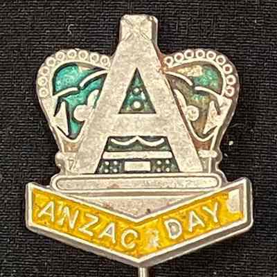 Anzac Day pin, metal, enamel green & yellow, reverse 2/