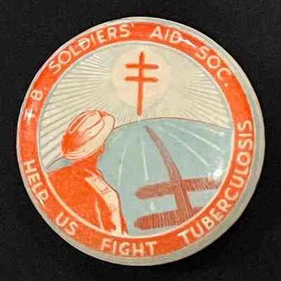TB Soldier's Aid Soc., "Help Us Fight Tuberculosis circular pin, red & blue