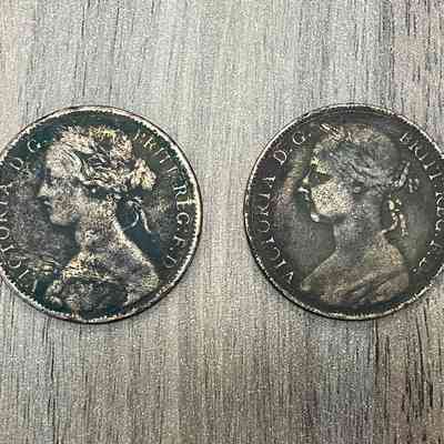 2023.62.2 & 2023.62.3: Two 19th century Queen Victoria pennies, showing heads and wear