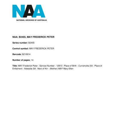 Service Record: PDF of the service record for 12813 Private Frederick Peter MAY, MM