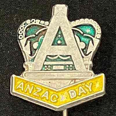 Anzac Day pin, metal, enamel green & yellow reverse 2/