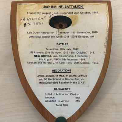 2023.261r: Reverse of plaque showing Battle Honours, decorations and casualties