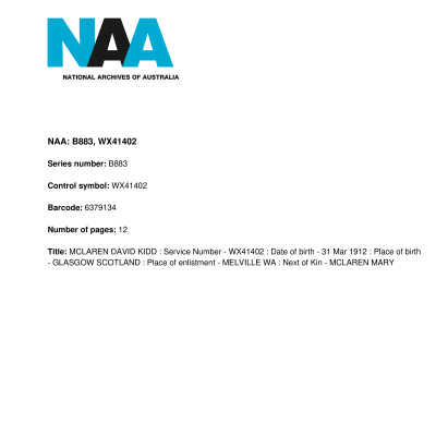 National Archives of Australia Document: Service record of WX41402 David Kidd McLAREN