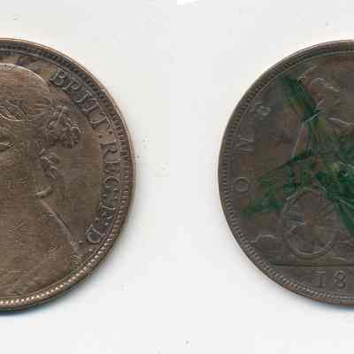 2023.63.2: Composite image showing obverse and reverse of 1889 Victorian penny. The latter shows green painted cross.