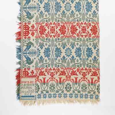 Indiana coverlet by Charles Schoch for M. C. P., 1859, tied beiderwand