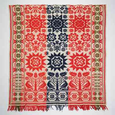 Crib coverlet; tied half doublecloth; Daniel Becker