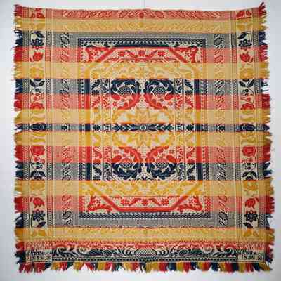 Pennsylvania coverlet; tied half doublecloth; J. W. Greenewald 1858