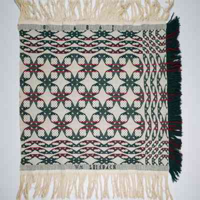 Pennsylvania geometric crib coverlet; overshot; William Leinbach 1989