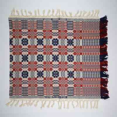Pennsylvania geometric crib coverlet; overshot; William Leinbach 1987