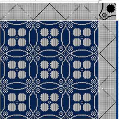 Profile Draft: This is a fancy pattern requiring 32 pattern blocks. An impossible 128 shafts would be needed if this geometric pattern were to be woven on an ordinary shaft loom as doubleweave.