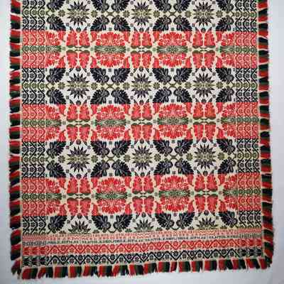 Pennsylvania coverlet; tied half doublecloth; John Kaufman 1843