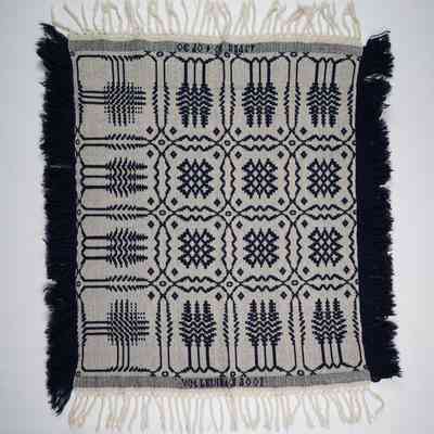 Pennsylvania geometric crib coverlet; tied half doublecloth; William Leinbach 2001