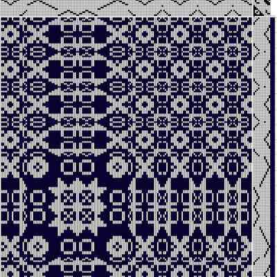 Profile draft: 11 block pattern with script; this is a fancy pattern that would require 44 shafts if woven on an ordinary shaft loom.