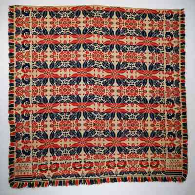 Pennsylvania coverlet; tied half doublecloth; Nathan Schleiffer 1848