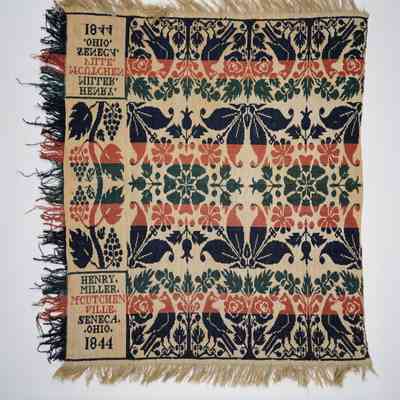 Ohio crib coverlet; tied half doublecloth; Henry Miller 1844