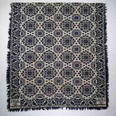 Ontario coverlet; tied half doublecloth; Aaron Zelner 1857
