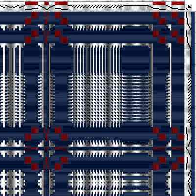 Profile Draft: 5 blocks; weave as drawn in except for one extra threading block in the tree border that is not mirrored in the treadling