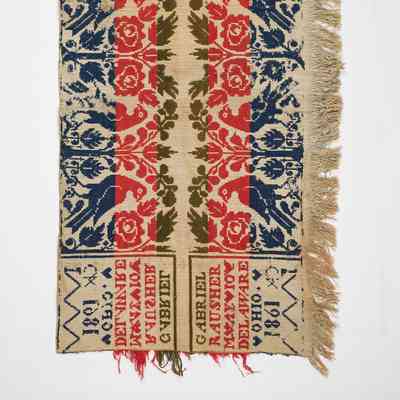 Ohio Crib Coverlet; tied half doublecloth; Gabriel Rausher 1861