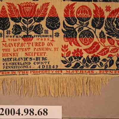 (1) WOVEN TIGHT/SUPERIOUR WORK/MANUFACTURED ON/THE LATEST FASHION BY/HENRY SEIFERT/MECHANICSBURG/CUMBERLAND COUNTY/PENNSYLVANIA AD 1849 
(2) THIS IS THE PROPERTY OF MATHIAS BITNER