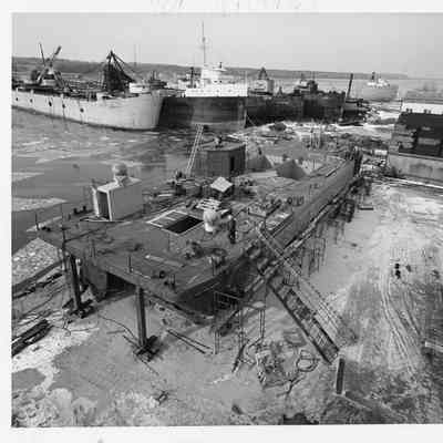 Aerial view of Vessel under construction at Sturgeon Bay Shipbuilding and Drydock Company