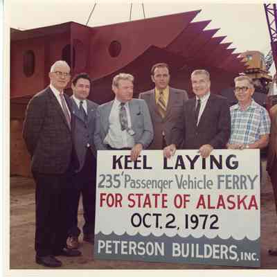 PBI 7 men including Ellsworth Peterson at keel laying for Alaksa 235' ferry 10/2/1972