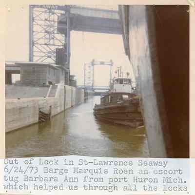 Barge Marquis Roen escort tug Barbara Ann 1973