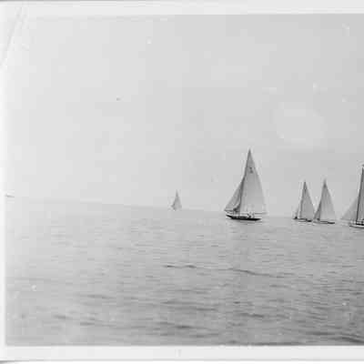 six sailboats and tug in water