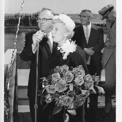 C. Ray Christianson and Muriel Humphrey at launching of James M. Gilliss 1962