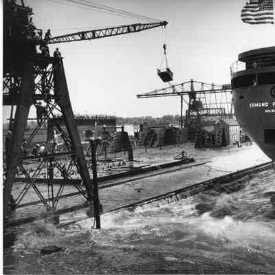 Edmund Fitzgerald view showing bow in water following launch 1958