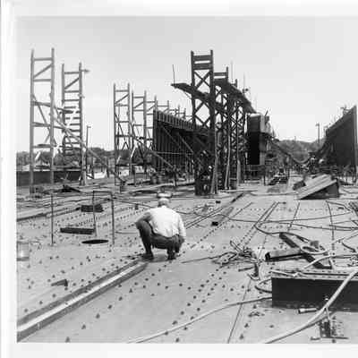 Deck of Spartan under construction July 1, 1951
