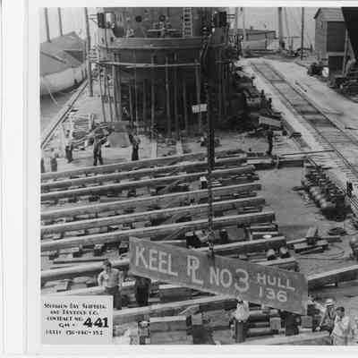 Hulls 136, 140, and 152 under construction at SBSB&DD Co. June 11, 1942