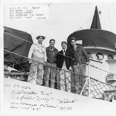 Bill Walker, M.A. Pholer, Bill Sutherland, and Bill Luthi on PC-1172 October 11, 1943