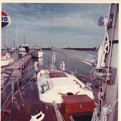 Norwester view of steering wheel and deck from bow